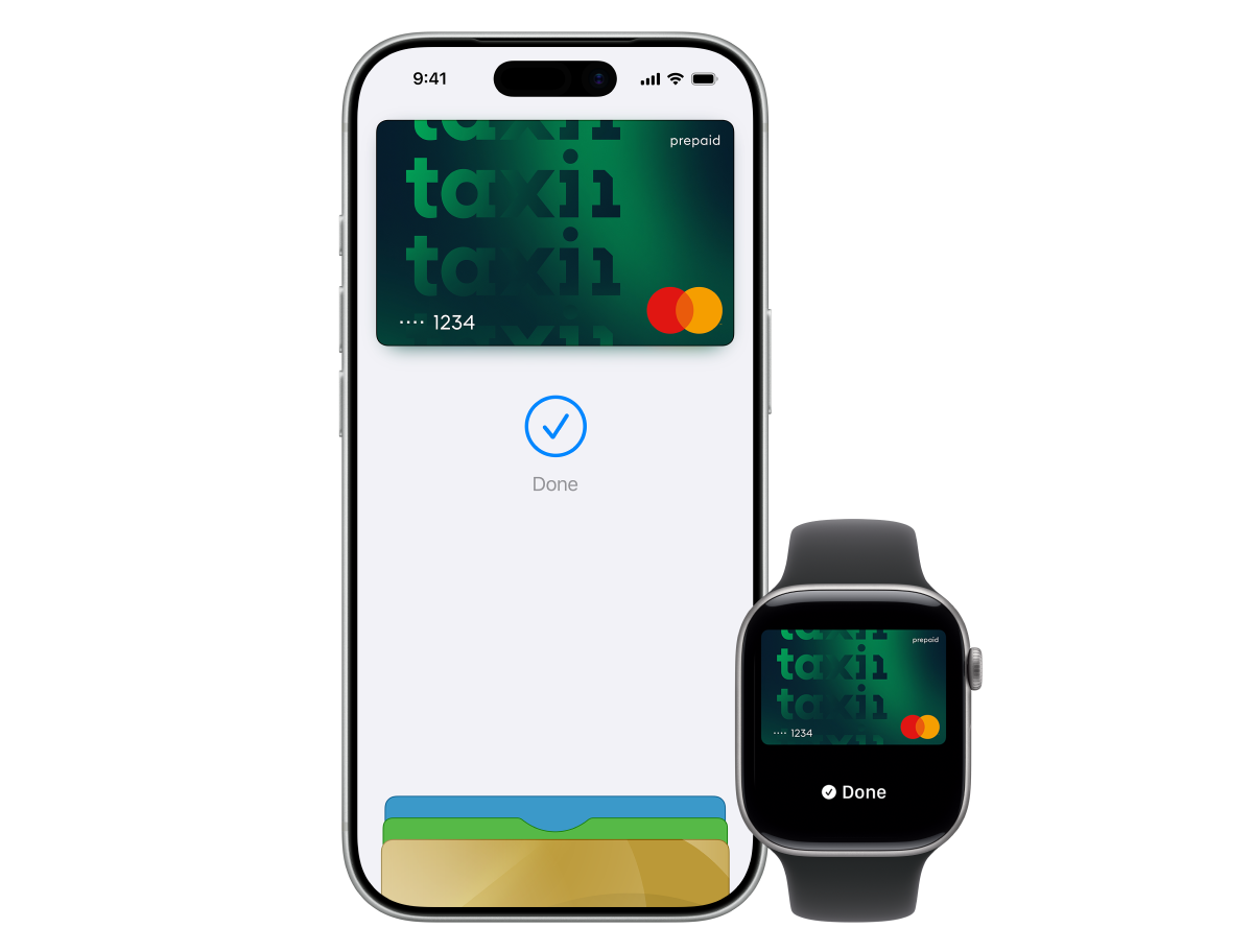 iPhone and Apple Watch showing Taxi1 Driver Card